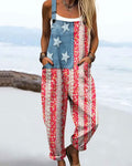 Denim Style Star Strip Element Stitching Floral Sling Wide-leg Suspender Pants