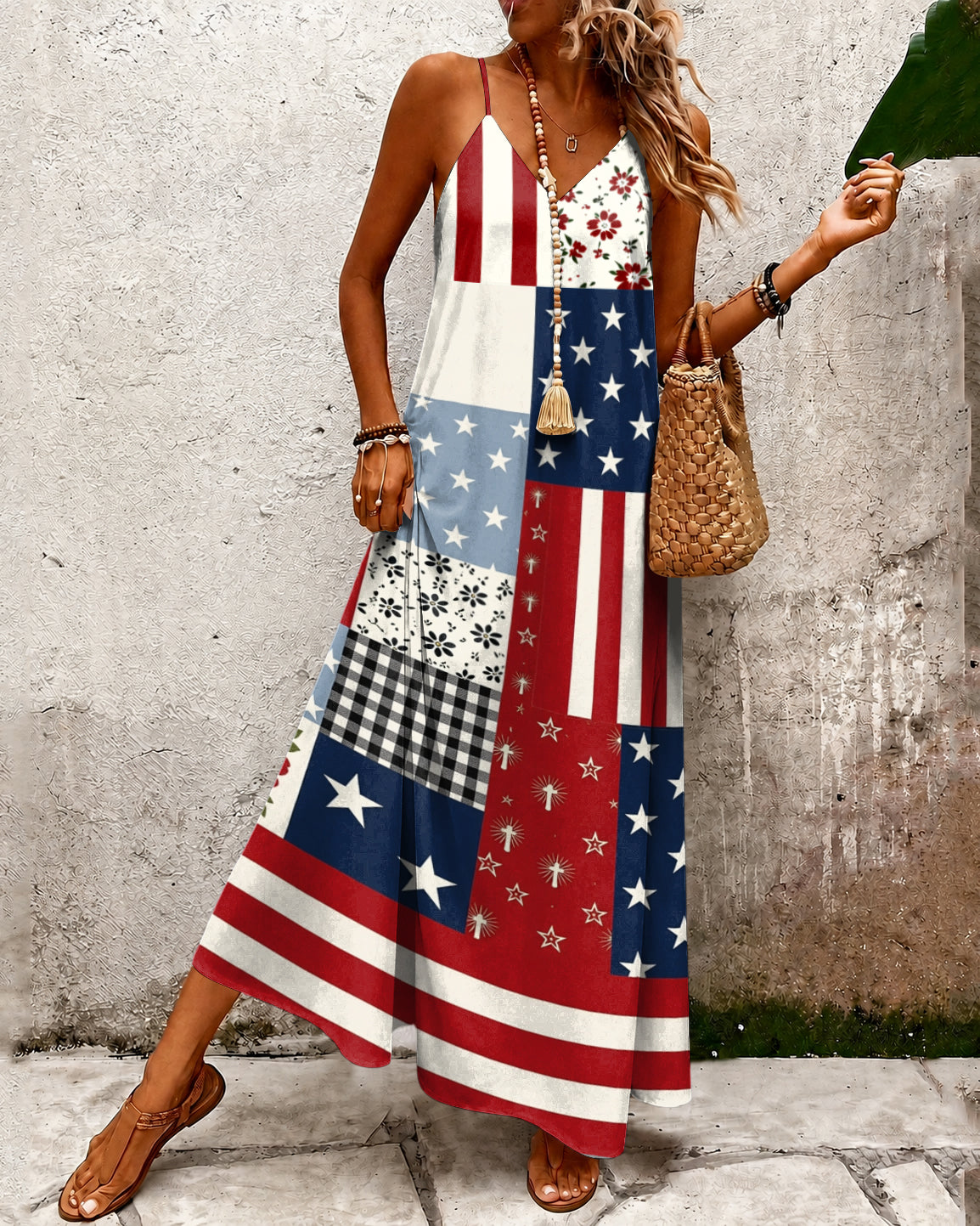 250th Anniversary Star Grid Patchwork Print Pocket Maxi Dress