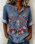 250th Anniversary Flower Bow Print Cotton Linen Print Blouse