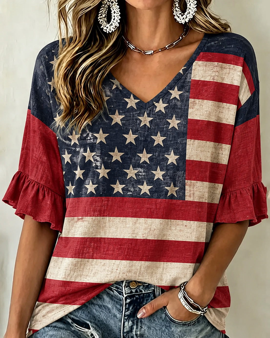 Women'S Retro Flag Print V-neck Half Sleeved Loose Top