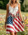 Distressed Flag Floral V-neck Suspender A- Line Short Dress