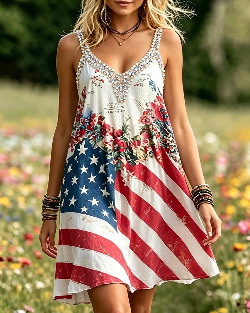 Distressed Flag Floral V-neck Suspender A- Line Short Dress