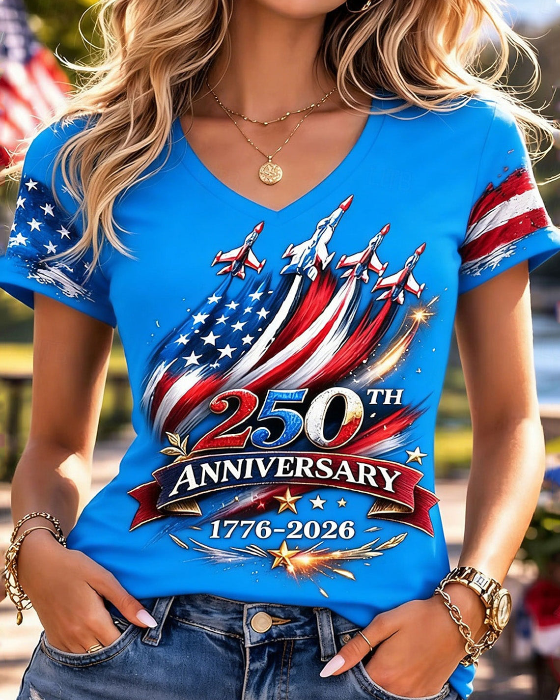 Spaceship Celebrating 250th Anniversary Print V-neck Short Sleeve Tshirt