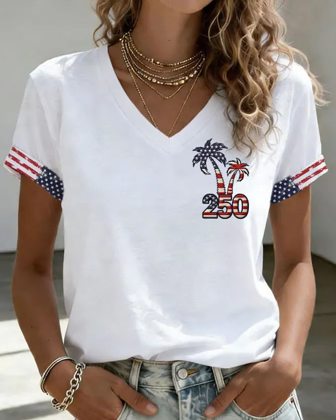 250th Anniversary Cute Coconut Tree Print V-neck Short Sleeve Tshirt