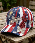 Vertical-striped Star-pattern National Flag, 3D Butterfly, Rose, And Fireworks—diamond-embellished, Intricately Embroidered Baseball Cap