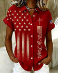 Women's National Flag and Cross Print Lapel Button-Down Short-Sleeved Shirt