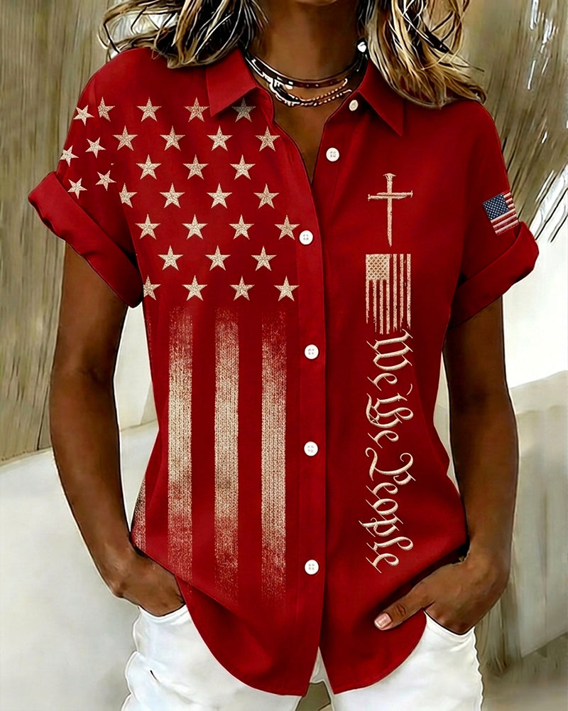 Women's National Flag and Cross Print Lapel Button-Down Short-Sleeved Shirt