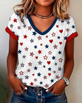 Contrasting Color Stars and Hearts Print V-neck Short Sleeve Tshirt