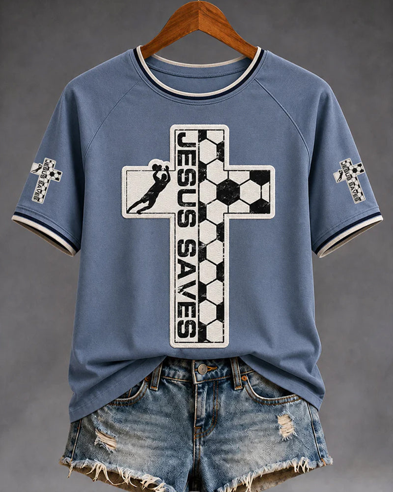 Cross Football Shooting JESUS SAVES Alphabet Print Casual Round Neck Short Sleeve T-Shirt