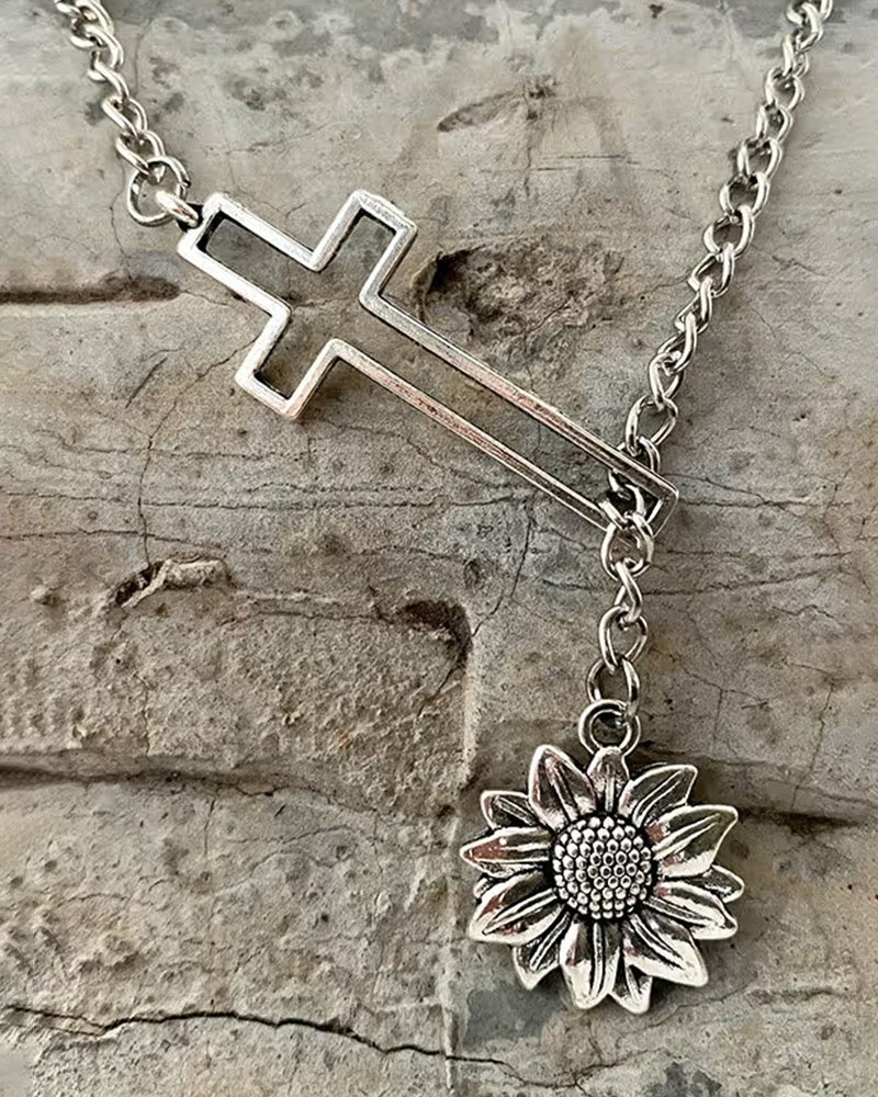 Vintage Sunflower Cross Cactus Western Denim Necklace