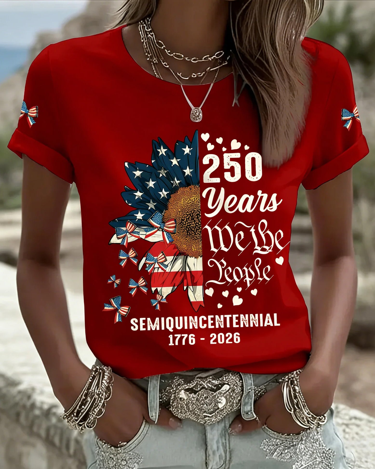 100% Cotton250th Anniversary Sunflower Print Crew Neck Short Sleeve Tshirt