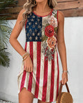 Vintage National Flag Rose Round Neck Sleeveless Mini Casual Dress