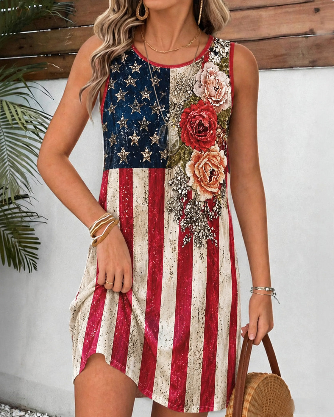 Vintage National Flag Rose Round Neck Sleeveless Mini Casual Dress