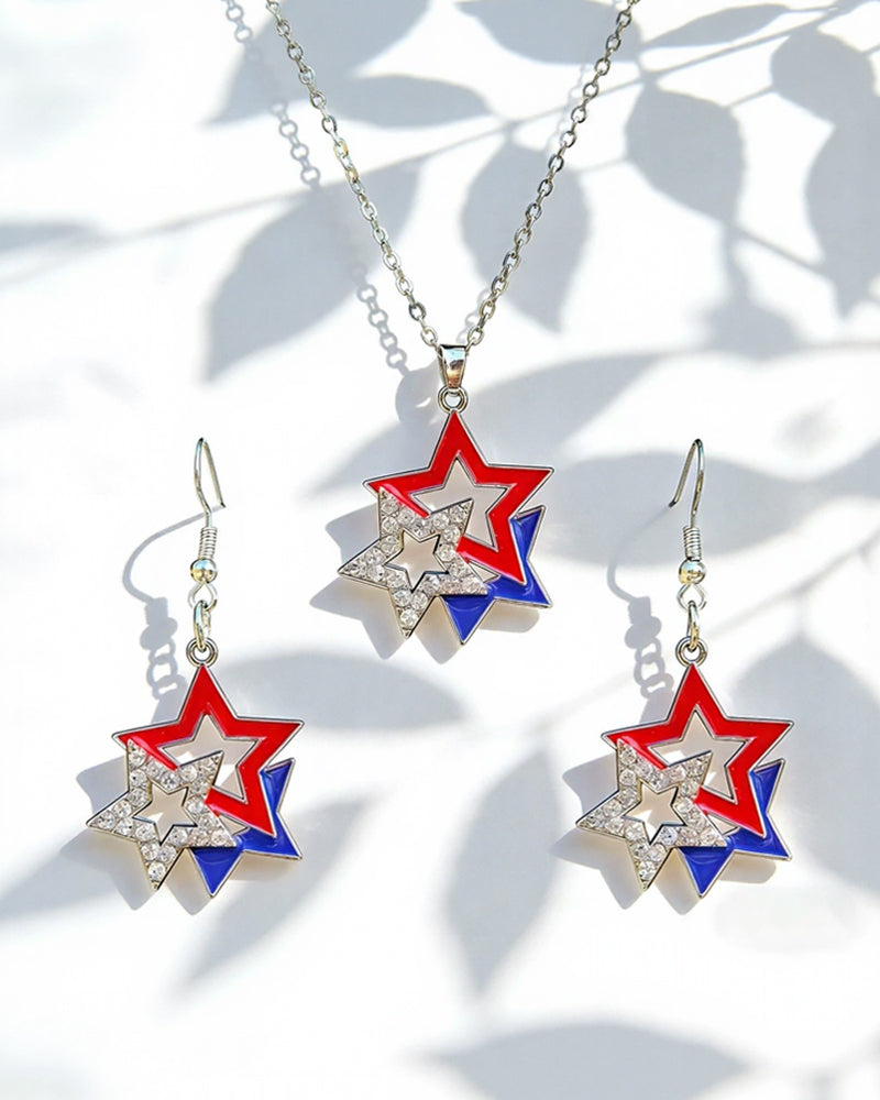 Independence Day Flag Color Five-pointed Star Love Map USA Alphabet Earrings Necklace Set