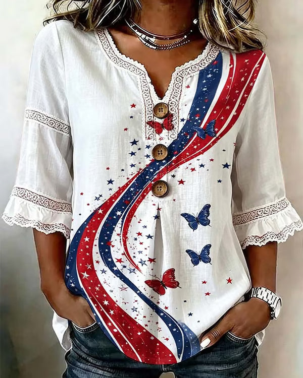 Wavy Striped Butterfly Prints Cotton Linen Shirt