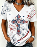 Red White Blue Floral Star Element Vintage Cross Print V-Neck Short Sleeve T-Shirt