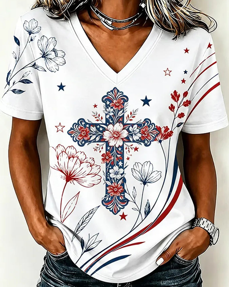 Red White Blue Floral Star Element Vintage Cross Print V-Neck Short Sleeve T-Shirt