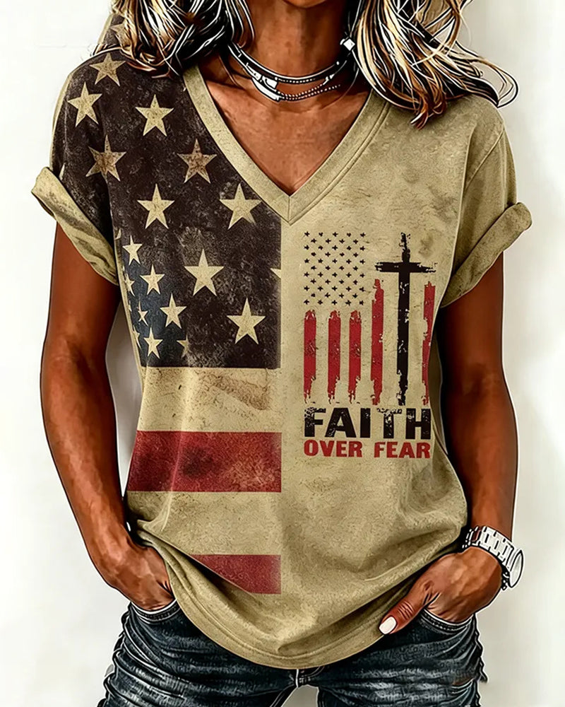 Women'S America Flag Print Casual V-Neck T-Shirt