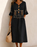 Black Highland Cow Scripture Cross V-Neck Wooden Buckle Midi Dress