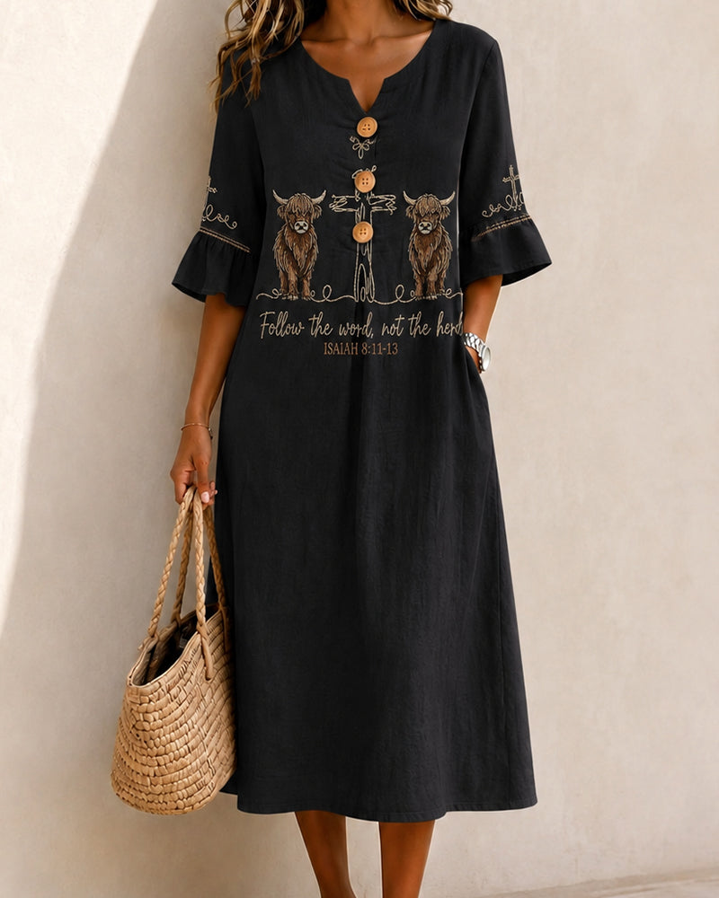 Black Highland Cow Scripture Cross V-Neck Wooden Buckle Midi Dress