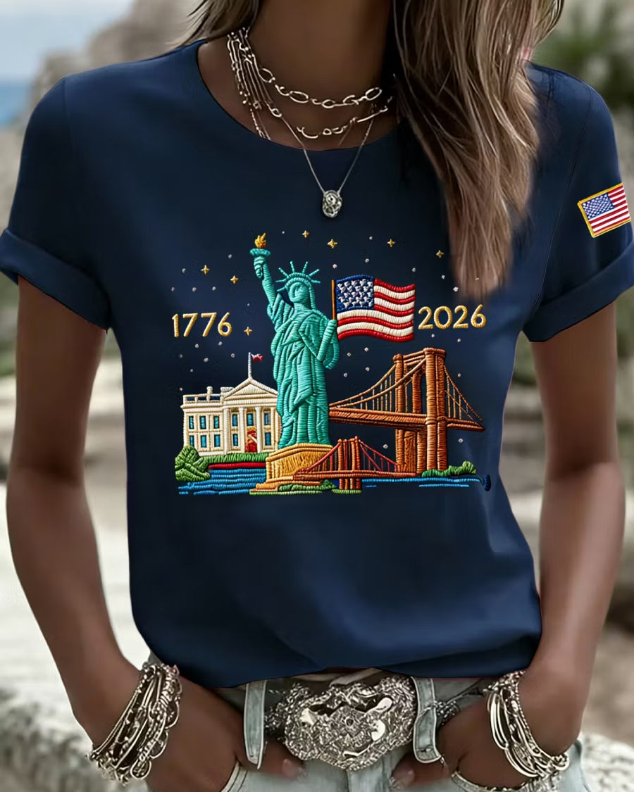 100% Cotton 250th Anniversary Statue of Liberty Print Crew Neck Short Sleeve Tshirt