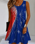Red And Blue Radial Crushed Diamond Cross Printed Round Neck Sleeveless Mini Dress