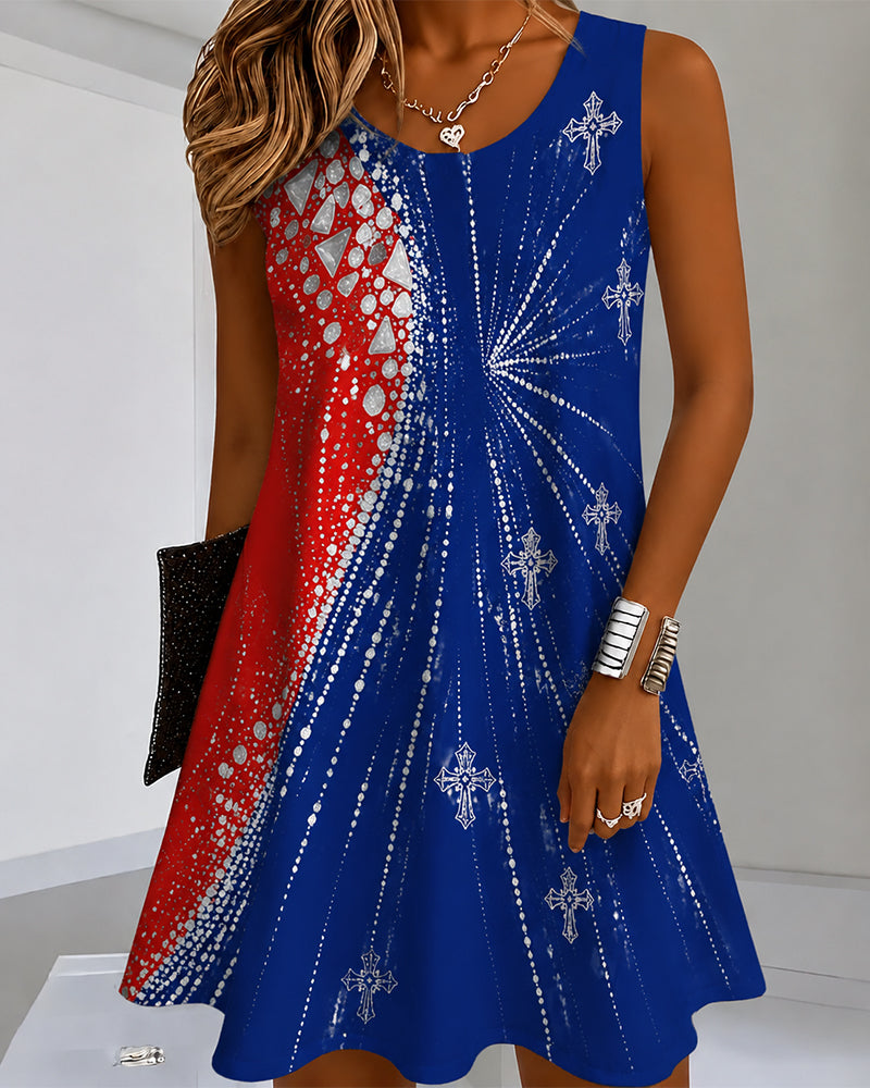 Red And Blue Radial Crushed Diamond Cross Printed Round Neck Sleeveless Mini Dress