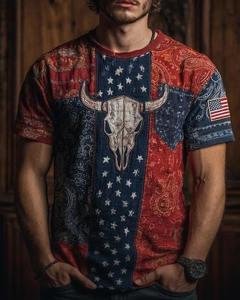 Western Bull Skull Paisley Stitching American Flag Men's T-Shirt