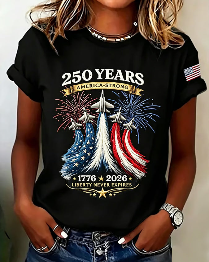 100% Cotton 250 Years of America Patriotic Graphic 4th of July Crew Neck Short Sleeve Tshirt