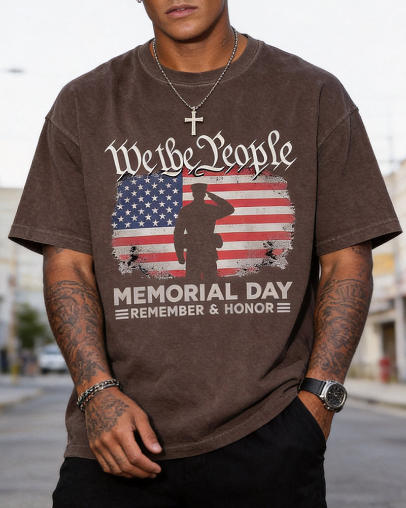 US Memorial Day We The People Soldier Silhouette Flag Print Round Neck Short Sleeve Tee