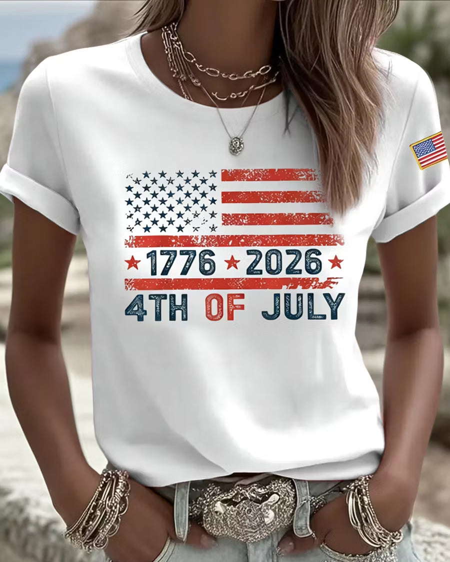 100% Cotton 250th Anniversary Retro National Flag Crew Neck Short Sleeve Tshirt