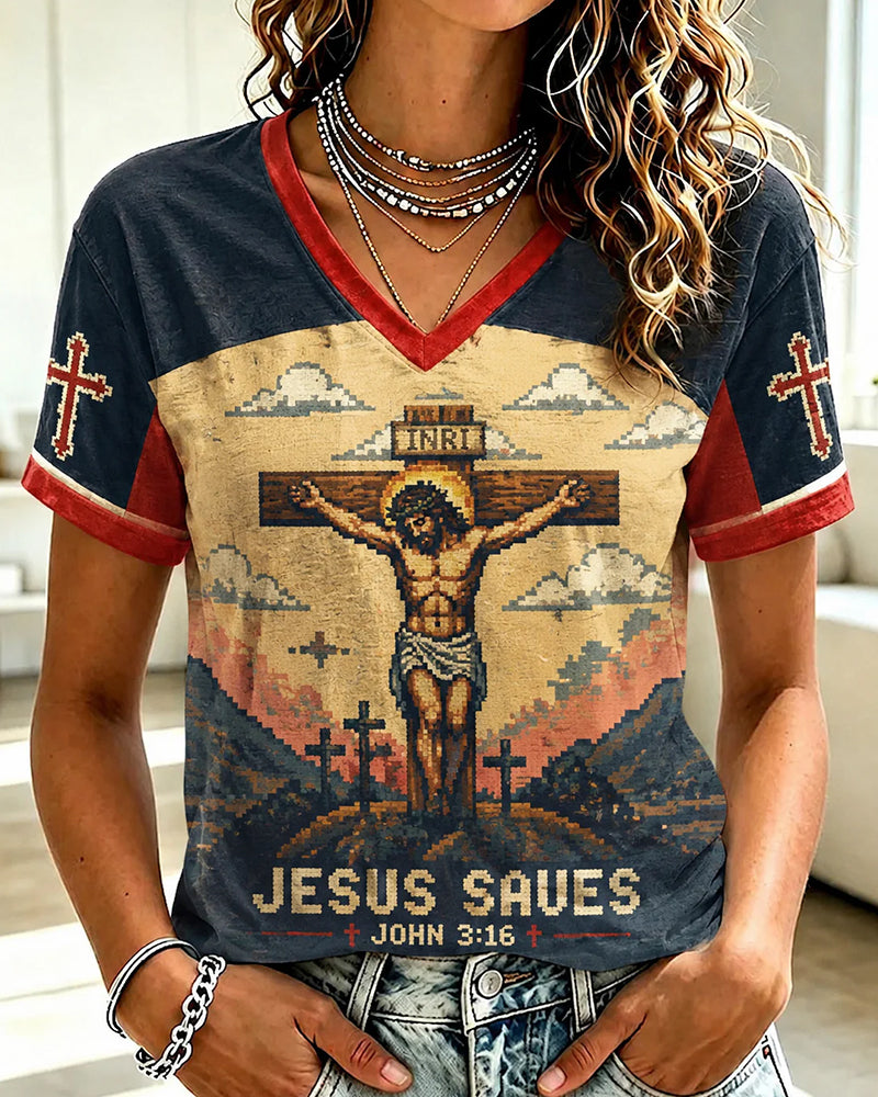 Contrast Color Stitching Cross Jesus Crucifixion Pixel Print Women's V-Neck Short Sleeve T-Shirt
