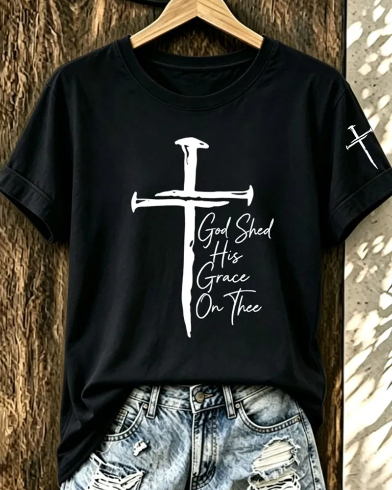 100% Cotton Christian Cross Letter Print Crew Neck Short Sleeve Tshirt