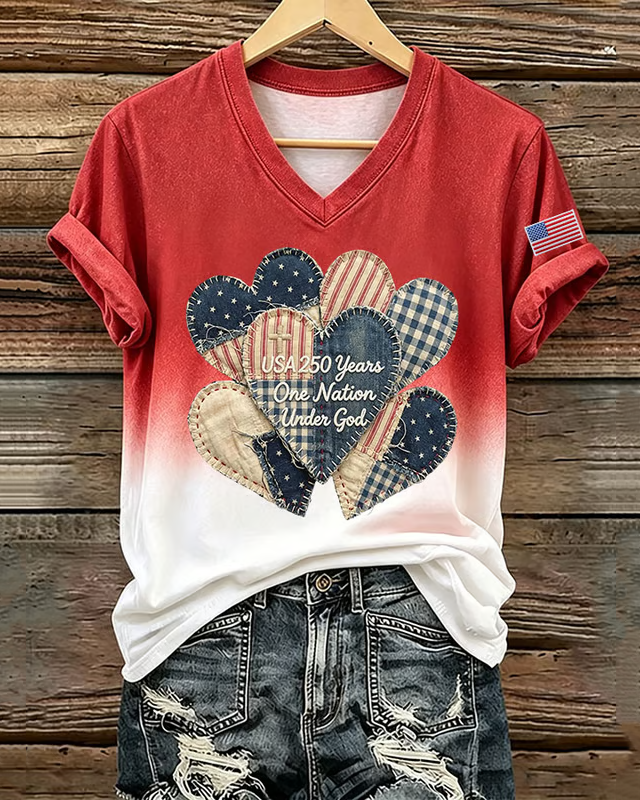 Women's 250th Anniversary Heart-Shaped Balloons Print V-neck Short Sleeve Tshirt