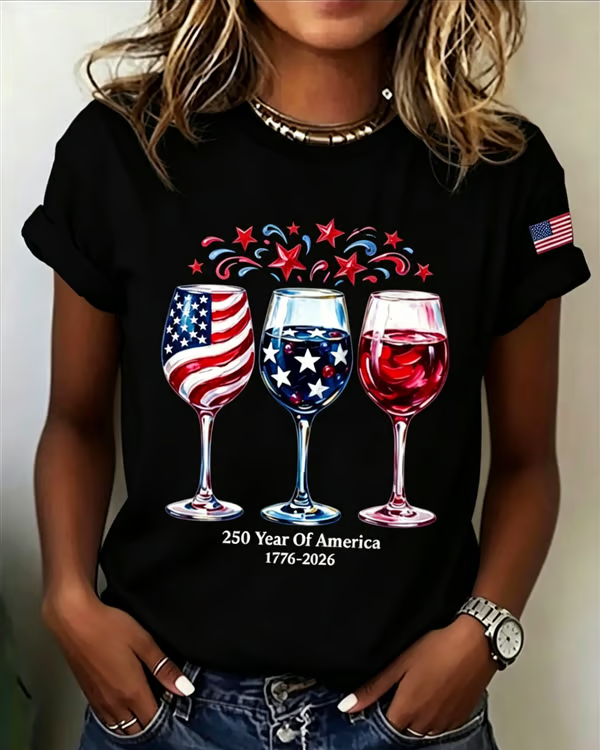 100% Cotton Women's 250th Novelty Wine Glasses Crew Neck Short Sleeve Tshirt