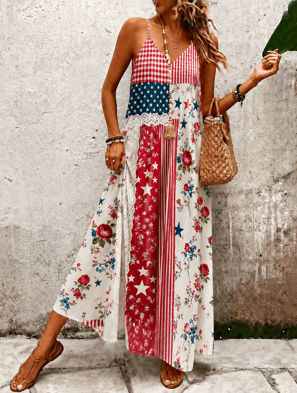 Sling National Flag Flower Lace Patchwork Print Pocket Maxi Dress