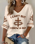 I Can't But I Know A Guy Print V-neck Loose T-shirt