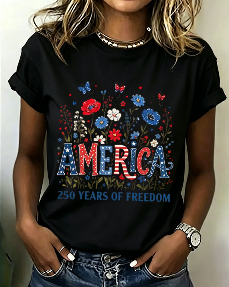 100% Cotton America 250 Years USA Floral Birthday Crew Neck Short Sleeve Tshirt
