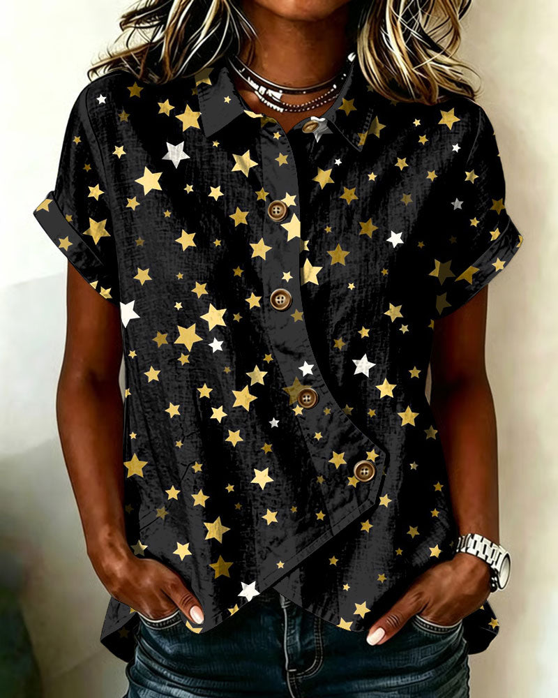 Golden Little Star Lapel Button-Down Short-Sleeved Shirt