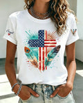Western Feather Flag Cross Printed Round Neck Short Sleeve Tee