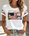 Women's 250th Anniversary National Flag Flowers Crew Neck Short Sleeve Tshirt