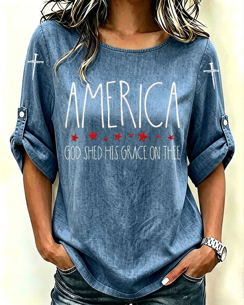 Retro GOD SHED HIS GRACE ON THEE Print Crew Neck Blouse