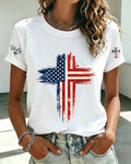 American Flag Cross Print Crewneck Short Sleeve Tee