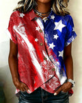 Abstract Oil Painting of The National Flag Lapel Button-Down Short-Sleeved Shirt