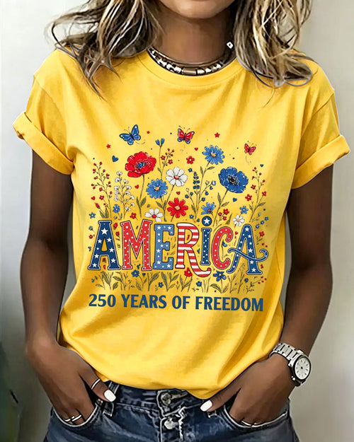 100% Cotton America 250 Years USA Floral Birthday Crew Neck Short Sleeve Tshirt