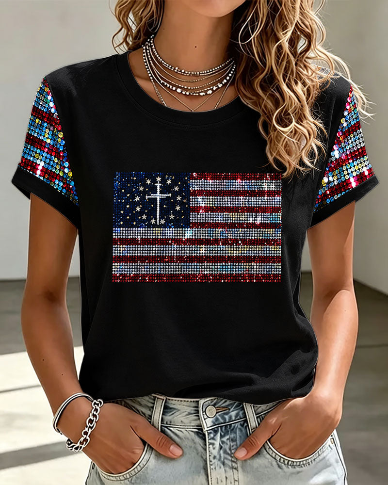 Women's American Sequined Flag Print Crew Neck Short Sleeve Tshirt