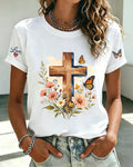 Print Cross Wildflower Butterfly Crewneck Short Sleeve Tee