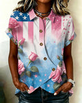 Pink Rose Flag Lapel Button-Down Short-Sleeved Shirt