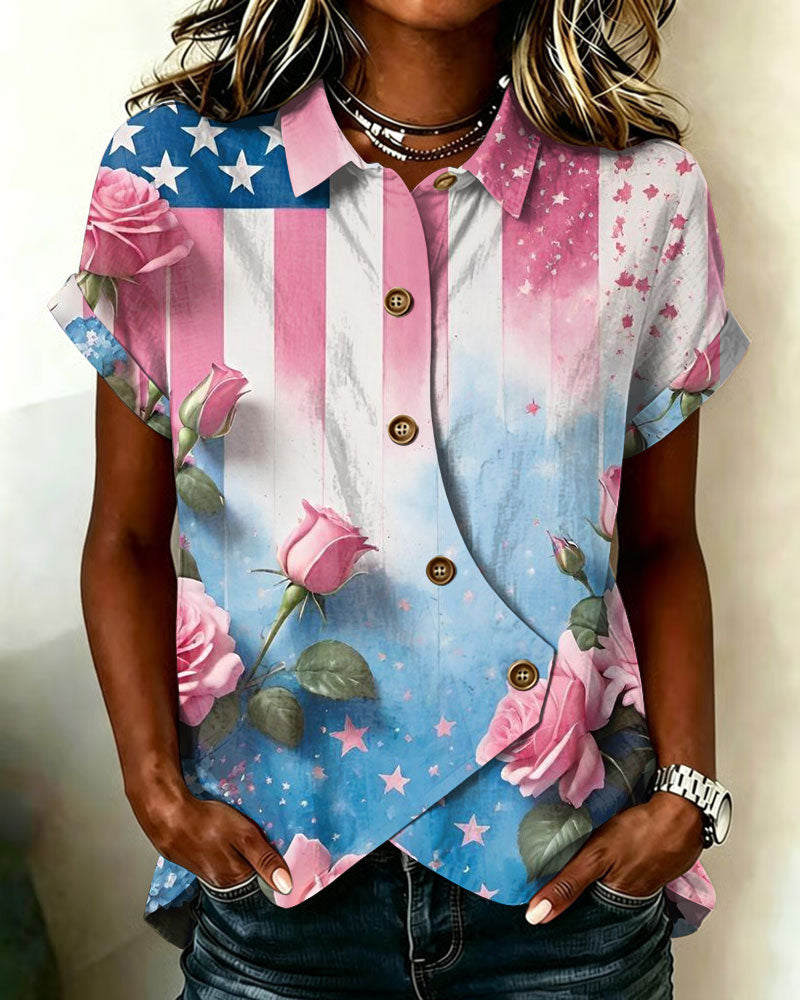 Pink Rose Flag Lapel Button-Down Short-Sleeved Shirt