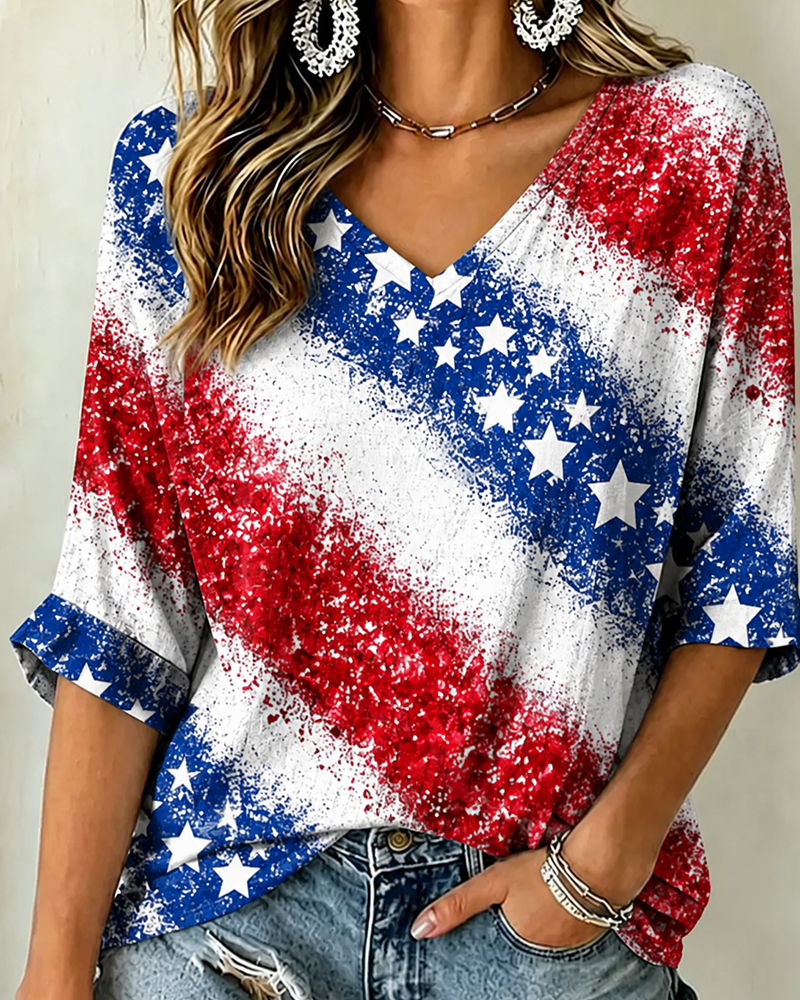 Women'S V-Neck Graffiti Color Block Striped Star Half Sleeved Loose Top